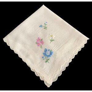 Handkerchief Hanky Hankie Vintage White Embroidered with Floral Design
